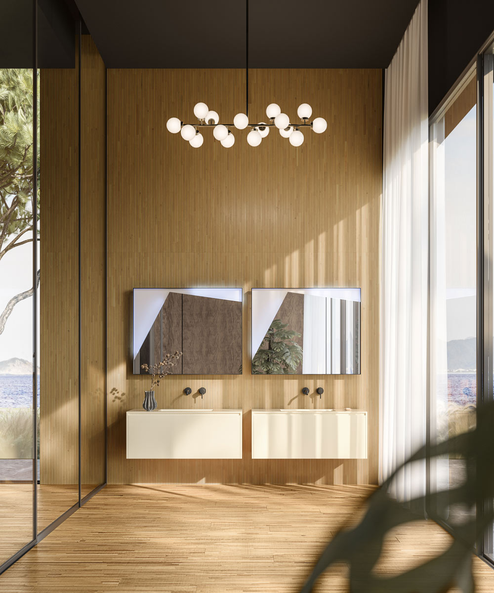 Sol en parquet Salle de bain avec deux vasques, miroirs et murs en bois.
