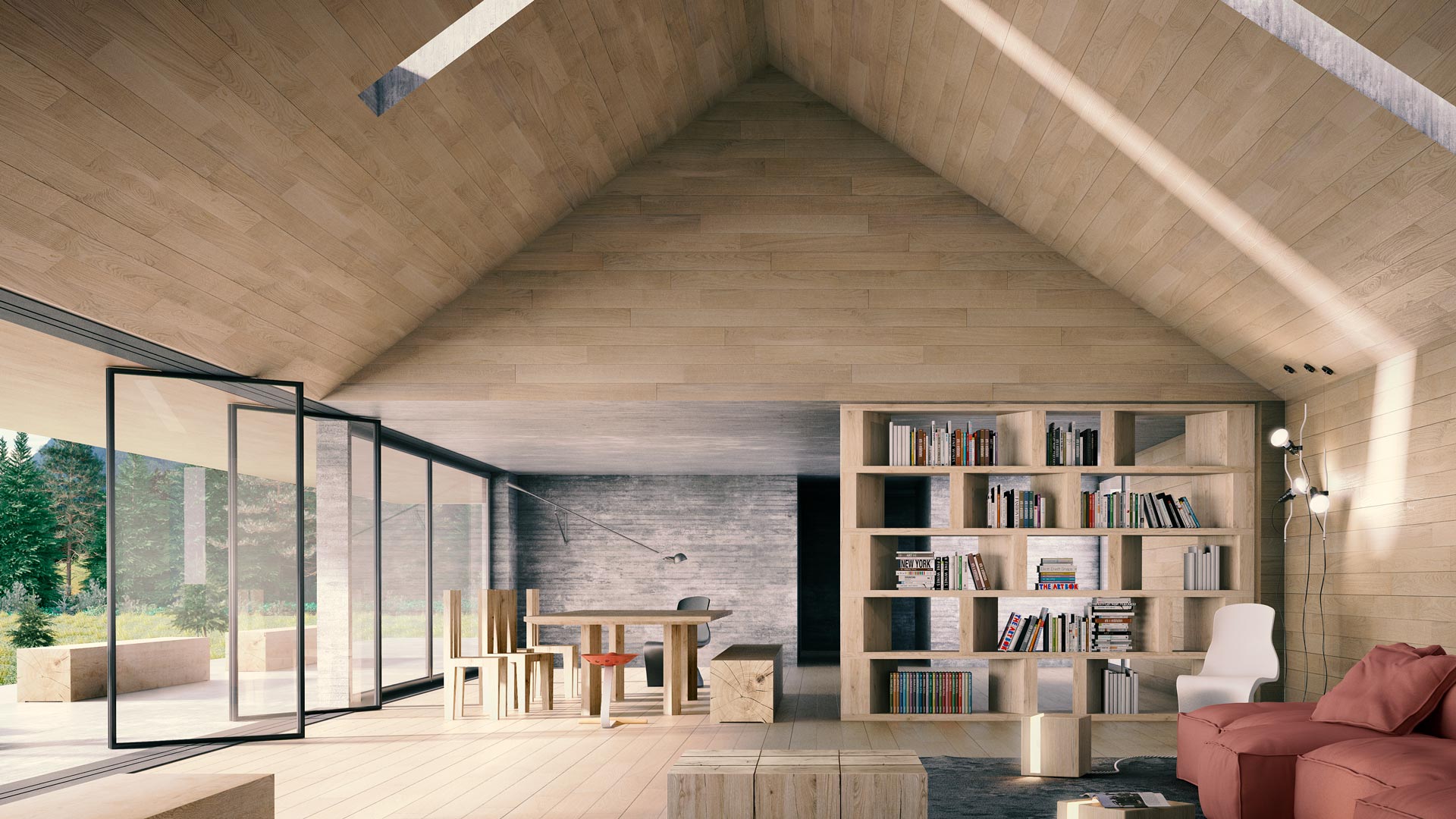 Pavimento in parquet in soggiorno con tavolo, sedie, libreria, divano e finestre a tutta altezza.